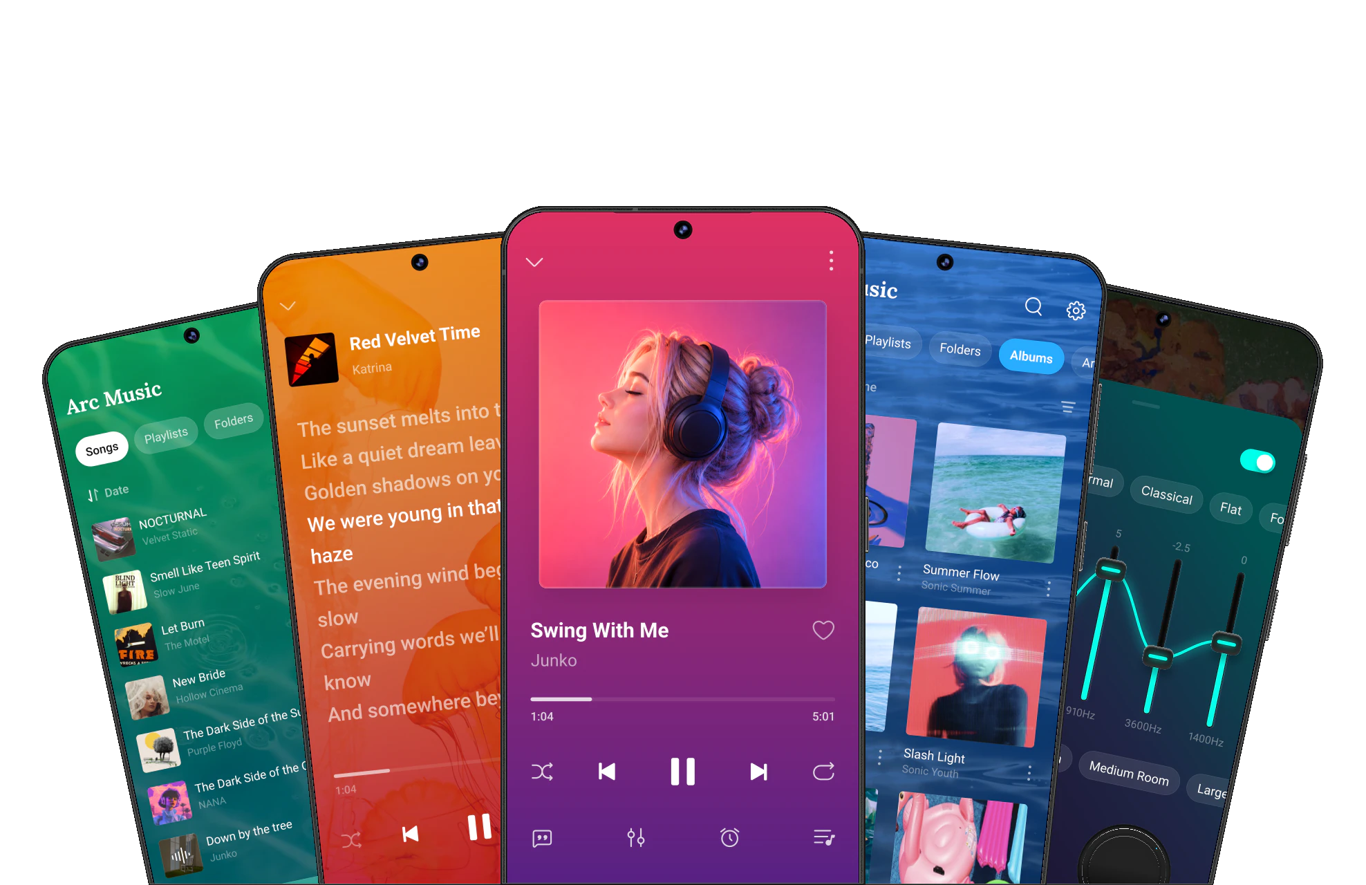 Arc Music library, lyrics, playback, albums, and equalizer screens